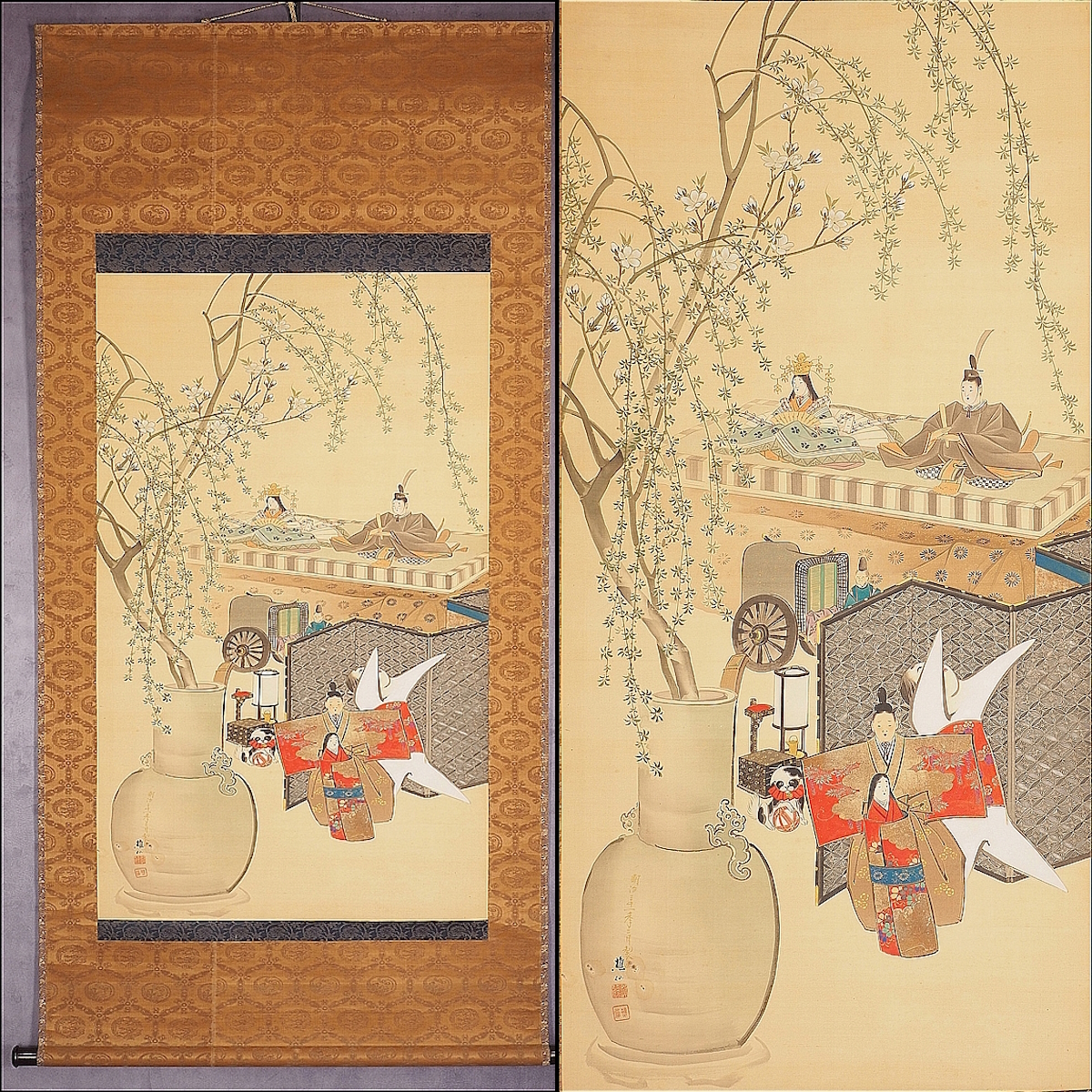 [Authentic] [Watarikan] [Kondo Shosen] 6495 Large hanging scroll Japanese painting Girls' Festival with box Silk painting Flowers and birds Kumamoto Higo Master Sugitani Setsusho Inscribed, Painting, Japanese painting, person, Bodhisattva