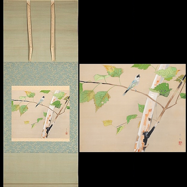 [Auténtico] [Watarikan] [Katayama Nanpu] 5261 Pergamino colgante Pintura japonesa Pequeño pájaro en un árbol muerto Caja doble Seda Pintura de flores y pájaros Maestro Kumamoto Takahashi Hiroko Inscrito, Cuadro, pintura japonesa, Flores y pájaros, Fauna silvestre