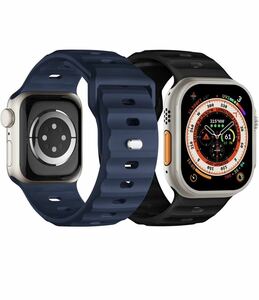 Apple watch バンド 49mm 45mm 44mm 42mm アップルウォッチバンド スポーツバンド Apple watch シリコンベルト 通気 2本黒とネイビー