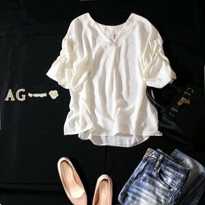 ☆☆ 美品 AG by アクアガール ☆☆ ゆったり綺麗め ギャザースリーブ ジョーゼット生地 カットソー M 春 夏 23C06