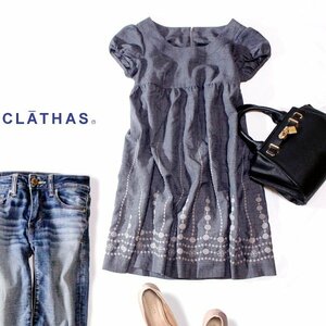 ☆☆ 美品 CLATHAS クレイサス ☆☆ 可愛い刺繍入り サマーウール スーツ生地 ワンピース 38号 M 春 夏 23A07