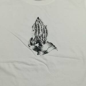 合掌・手錠・スカル・骸骨・ロック・プリントTシャツ・白・XL