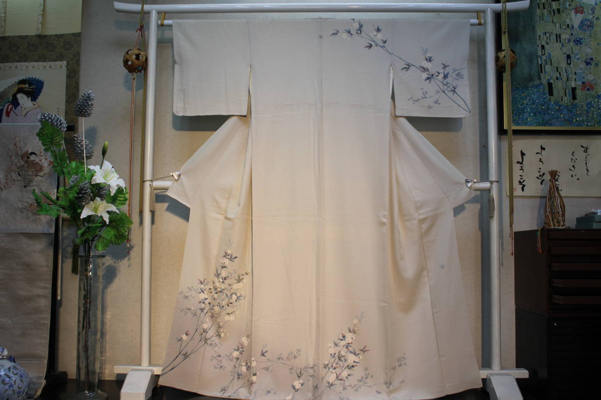 Kimono Konjaku 5239 Ropa de visita adjunta, cuello ancho, sastrería cosida a mano, Yuzen pintado a mano con costuras., Crepe Tango Ichikoshi enebro plata color fondo, longitud 159cm, kimono de mujer, kimono, vestido de visita, A medida