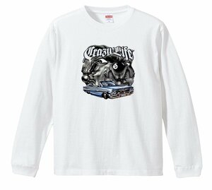 ローライダー インパラ キャデ ハイドロ ロンT リブ付き 76 (S/M/L/XL）白地 長袖 ギャング 1961 チカーノ メキシカン ハイドロ