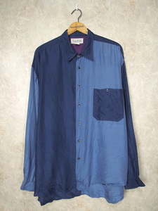 90's シルクシャツ◆メンズLサイズ(実寸XL程度)/紺/水色/クレイジーパターン/長袖/ビンテージアメリカ古着/オールド