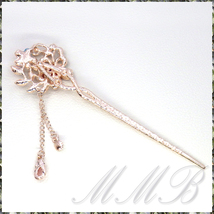 [Hair] Elegant Hair Stick Hairpin マルチカラー ラインストーン サクラ フラワー 簪(かんざし) ピンクゴールド ヘアースティック_画像4