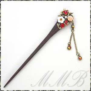 [Hair] Vintage Wooden Hair Stick Hairpin ヴィンテージ ゴールド ラインストーン フラワー 簪(かんざし) 木製 ウッド ヘアースティック