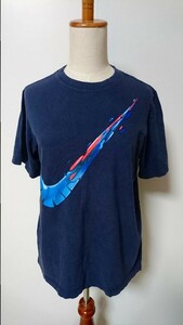 ☆NIKE ナイキ ロゴ スウォッシュ デザイン Tシャツ スポーツ プリント ネイビー レディース【XL】古着　　　　　　　◆8857◆