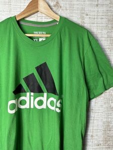 ☆ビッグサイズ US古着 adidas アディダス プリント デカロゴ Tシャツ グリーン緑【XL】コットンポリ　　　　◆3860◆