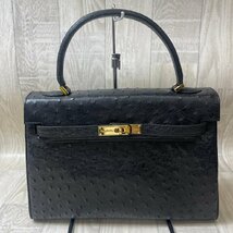 USED Pierre cardin ピエールカルダン オーストリッチ ハンドバッグ レザー ブラック ゴールド金具 鍵 保存袋 ポーチ付_画像2