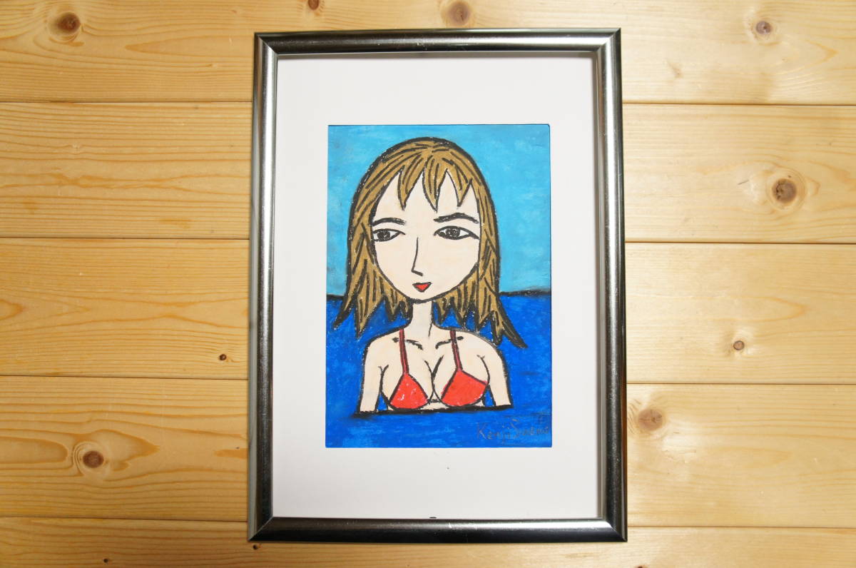[Beach Bathing] Hand-painted Hand-painted Crayon Drawing Portrait Beautiful Woman Painting Work A5 Size 622, Frame A4 size, Crayon painting, original art, woman, woman, artwork, painting, pastel painting, crayon drawing