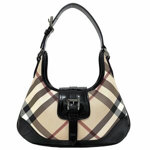 バーバリー ワンショルダー バッグ ブラック ベージュ チェック 美品 PVC エナメル 中古 BURBERRY