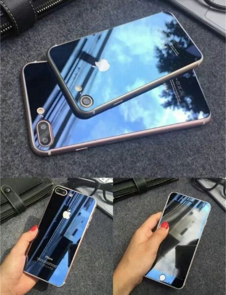 iphone7 iPhone8ミラーガラスフィルムセット ブルー