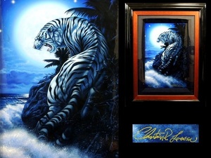  genuine work / Christian *lasen/[ Tiger moon (S)]/ Miku -stroke media / frame goods / with autograph / 29/300 / also seal attaching / white Tiger /.