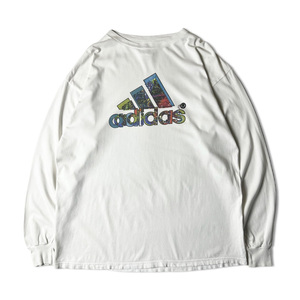 90s USA製 adidas パフォーマンス ロゴ プリント 長袖 Tシャツ L / 90年代 アメリカ製 オールド アディダス ホワイト