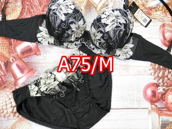 PS30-A75/M ブラ＆ショーツセット 新品/黒系 チュール 花柄刺繍