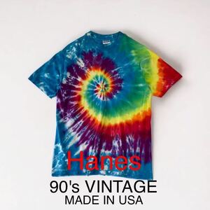 90's VINTAGE USA製 Hanes タイダイ染め スパイラル BEEFY Tシャツ ビンテージ シングルステッチ 輸入 古着 アメリカ製 レインボー フェス