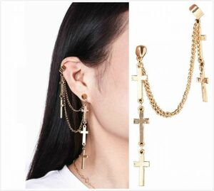 ★ 片耳用 フープピアス ★ 十字架 ロング ピアス ★ レディース ジュエリー クロス イヤリング アクセサリー 金 a3