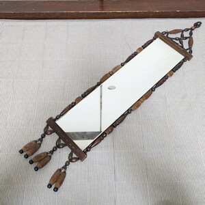 昭和レトロ当時物　珠のれん飾り付き　鏡　壁掛け鏡　ウォールミラー　約100cm　現状品