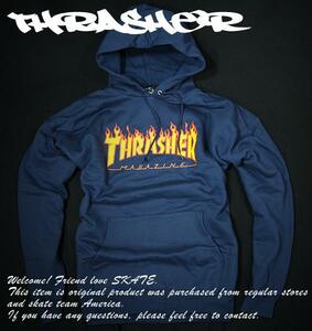 THRASHER (スラッシャー) US パーカー プルオーバー Flame Logo Pullover Hood Navy ネイビー (L) スケボー SKATE SK8 スケートボード