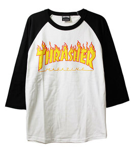 Thrasher (スラッシャー) ラグランTシャツ 七分袖 Flame logo Raglan 3/4 T-Shirt Black×White ホワイト (M) スケボー SK8 スケートボード