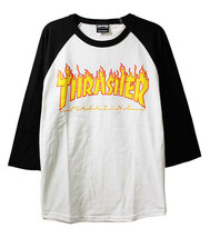 Thrasher (スラッシャー) ラグランTシャツ 七分袖 Flame logo Raglan 3/4 T-Shirt Black×White ホワイト (M) スケボー SK8 スケートボード_画像1