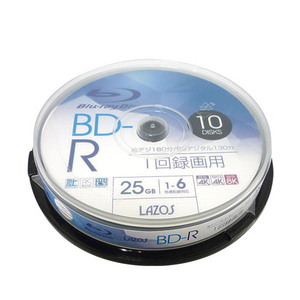 送料無料メール便 BD-R ブルーレイディスク 25GB CPRM対応 6倍速 ホワイトレーベル 10枚組 Lazos L-B10P/2662ｘ１個