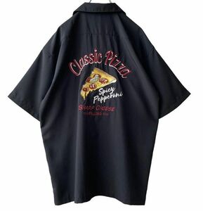 オープンカラーシャツ 開襟シャツ ボーリングシャツ PIZZA ピッツァ 刺繍 ロゴ XL ブラック 黒 オーバーサイズ