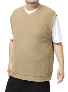 【新品】 3L ベージュ Vネック ベスト 半袖 Tシャツ メンズ 大きいサイズ 薄手 ミニ畦編み レイヤード アンサンブル クルーネック カットソ