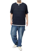 【新品】 5L ネイビー 半袖 Tシャツ メンズ 大きいサイズ ジオメトリー 幾何学柄 キーネック フェイクレイヤード カットソー_画像2