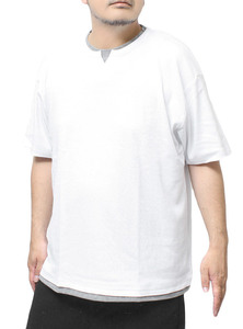 【新品】 4L ホワイト 半袖 Tシャツ メンズ 大きいサイズ キーネック テレコ 無地 フェイクレイヤード クルーネック カットソー