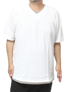 【新品】 4L ホワイト 半袖 Tシャツ メンズ 大きいサイズ Vネック ワッフル 無地 フェイクレイヤード クルーネック カットソー