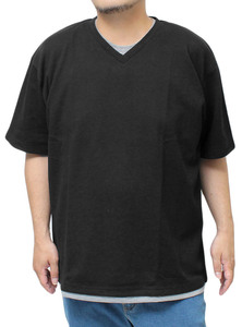 【新品】 4L ブラック 半袖 Tシャツ メンズ 大きいサイズ Vネック ワッフル 無地 フェイクレイヤード クルーネック カットソー