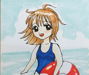 手描きイラスト ＃22 女の子 スクール水着 海 ショートカット 人イラスト 水着