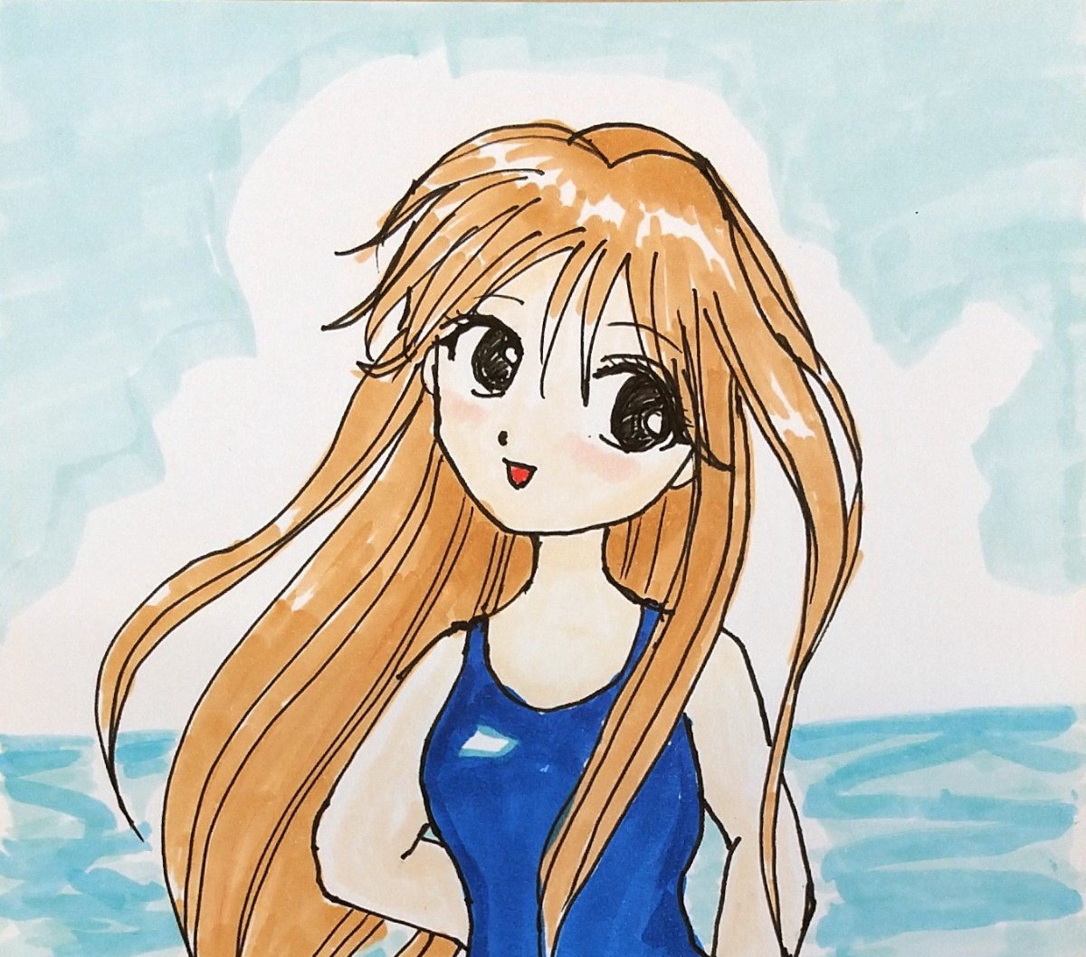 Illustration dessinée à la main #23 Fille maillot de bain cheveux longs école maillot de bain mer personne illustration illustration, des bandes dessinées, produits d'anime, illustration dessinée à la main