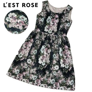 【極美品】日本製 レストローズ LEST ROSE 花柄 ジャガード転写 ワンピース 2 バックレース切替 ノースリーブ