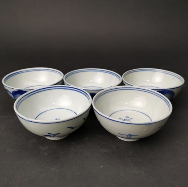 ST1 蔵出し!!【 青舟山水茶碗5客】古伊万里染付銘飯碗椀古い骨董和食器