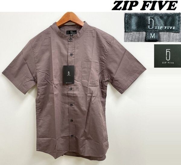 /M/ ZIP FIVE モカ ブロードバンドカラー半袖シャツ ノーカラー カジュアル メンズ レディース タグ 無地 爽やか ジップファイブ