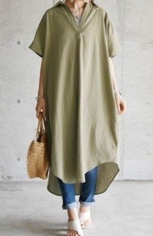 春夏秋 カーキ スキッパー ワンピ ロング コットン100%