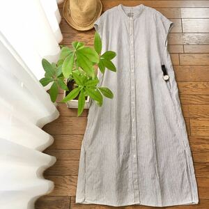  прекрасный товар *linen100%* нет печать * One-piece * Muji Ryohin * лен *linen One-piece *xs s* рубашка One-piece * длинный One-piece 