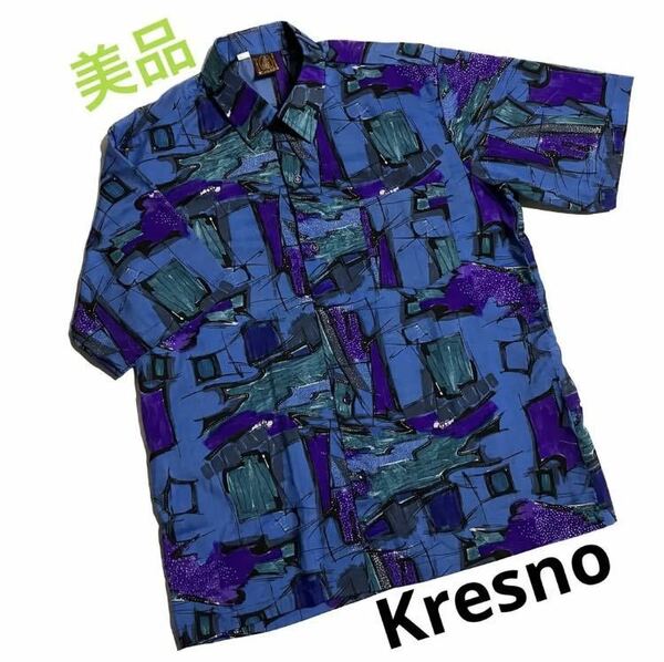 【ws770】美品 Kresno クリシュナ 半袖シャツ 総柄 ブルー系 インド綿