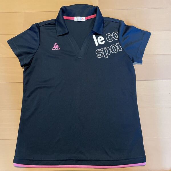 送料込み ルコックスポルティフ le coq sportif 半袖 襟付きドライシャツ ネイビー紺色×ピンク サイズS 送料無料