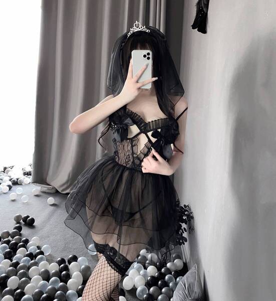 ウェディング コスチューム 花嫁 セクシーランジェリー ベビードール ブラック 4点セット フリーサイズ(S~Lサイズ)