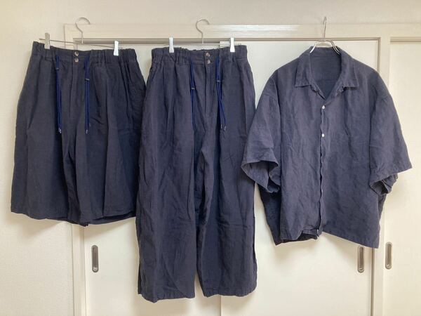 美品 Sillage Linen Collection 3点セット オープンカラー半袖シャツ＋パンツ＋ショーツ NAVY フリーサイズ 麻100% セットアップ シアージ