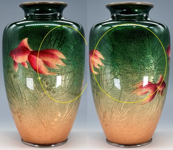 美術館級の銘品超貴重明治期尾張七宝の名工粂野締太郎作無線七宝泳金魚