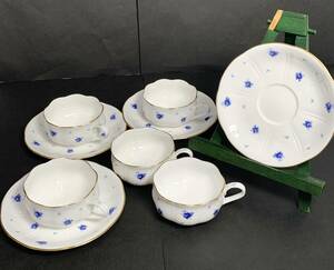 ★コレクター必見！！ MAGNA Sango CHINA ビンテージ 花柄 カップ＆ソーサー 4客+カップ1個 セット ブルー 食器 お茶 インテリア Th060114