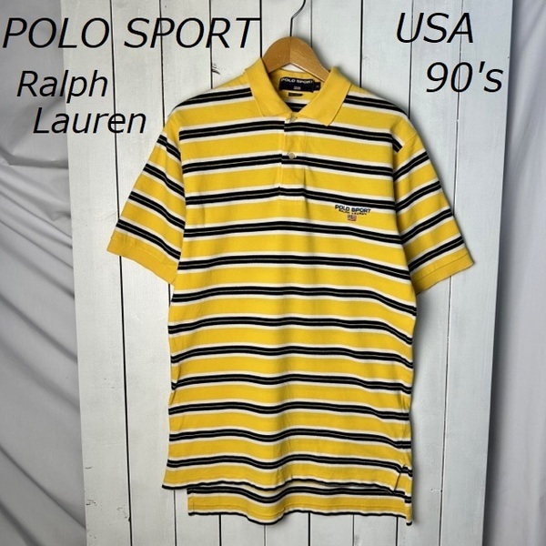 sh●491 USA古着 90s POLO SPORT ラルフローレン ボーダー鹿の子ポロシャツ M 黄色 オールド アメリカ古着 ポロスポーツ Ralph Lauren