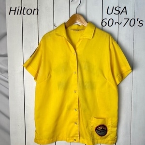 sh●511 USA古着 60s~70s USA製 Hilton ボーリングシャツ 黄色 L~XL ヴィンテージ オールド 薄手 ヒルトン 黒タグ バックプリント ワッペン