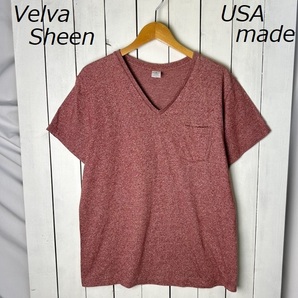 JTP●64 USA製 Velva Sheen 杢ポケットTシャツ L 赤茶 Vネック オールド 筒編み ベルバシーン アメリカ製 無地T ポケT 50/50