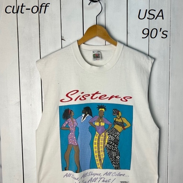 T●292 USA古着 90s USA製 カットオフ グッドイラストＴシャツ L 白 オールド ヴィンテージ アメリカ古着 FRONTLINE GEAR 80s Sisters